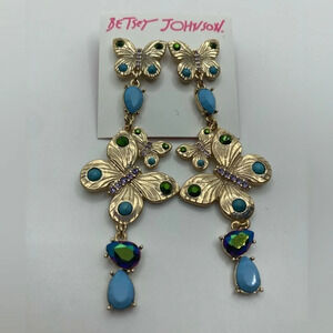 BETSEY JOHNSON Bold Butterfly Crystal-Studded Gold Dangle Drop Earrings NEW NWT